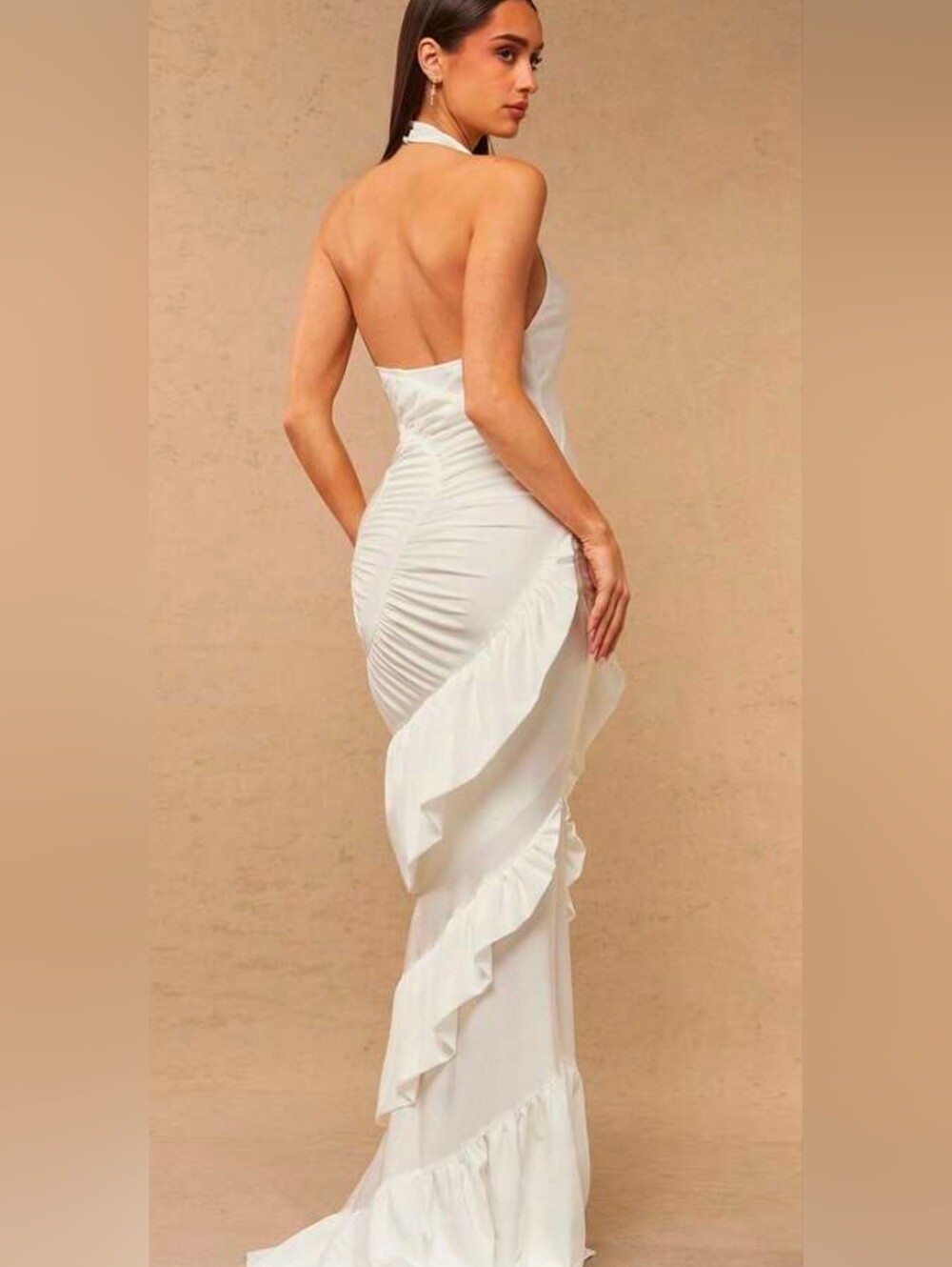 Asymmetric One-Shoulder White Ruffled Maxi Dress - Picture 2 of 5